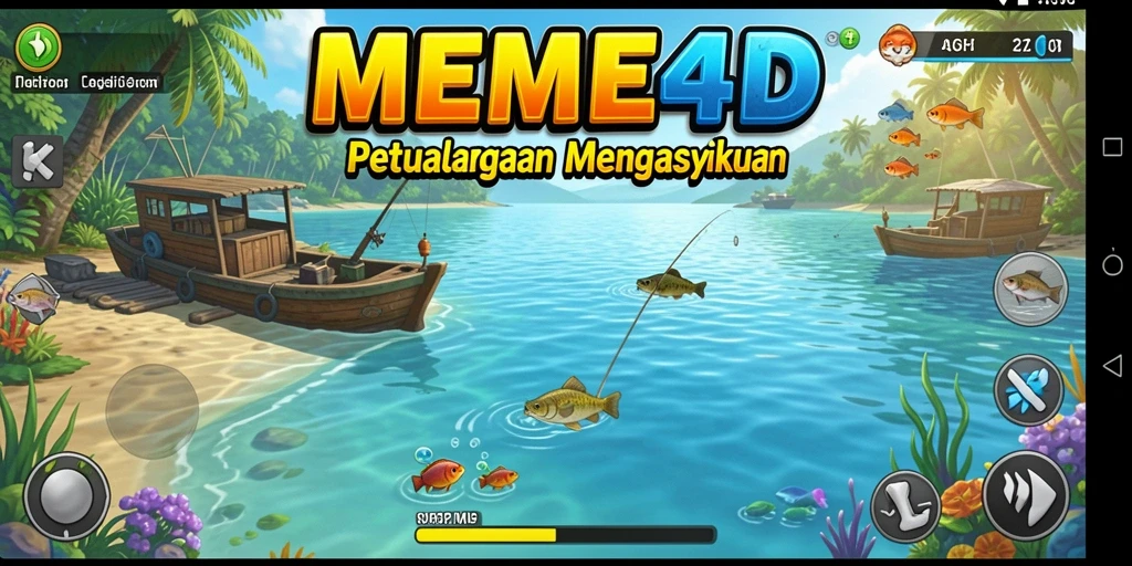 Tampilan gameplay MEME4D dengan aksi memancing yang mendebarkan.